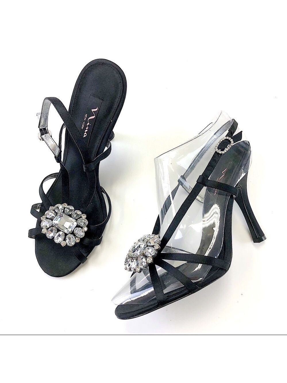NINA black satin strappy crystal sandals Size 10 party cocktail formal dressy